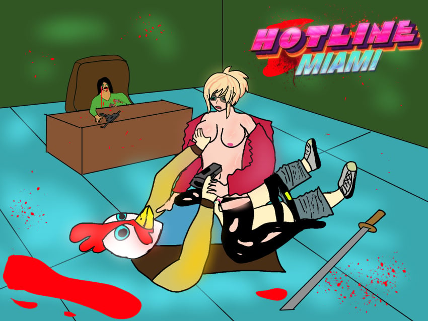 1boy 1girls 2boys artist_request blood blood_in_mouth bodyguard_(hotline_miami) chair dead_body female gun hotline_miami jacket_(hotline_miami) katana male tagme tagme_(character) touching_breast