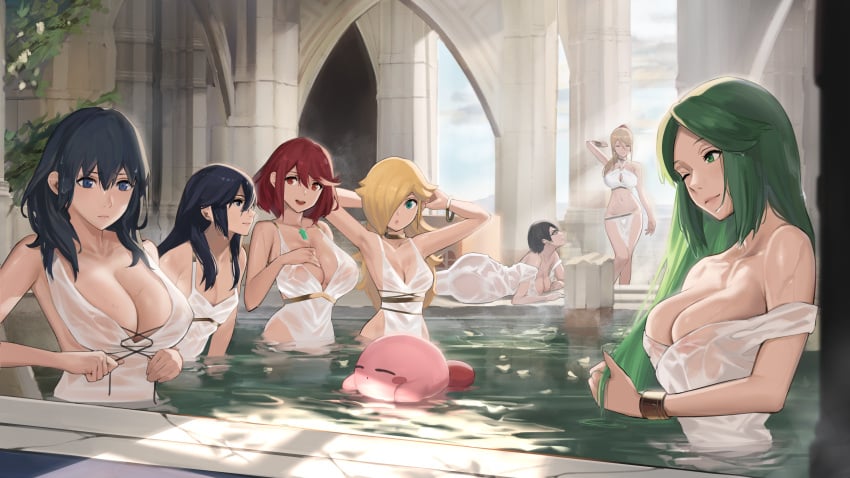 6+girls 7girls ;) aqua_eyes arch armpits arms_up ass bangle bangs bare_shoulders bath bathhouse bathing bayonetta bayonetta_(character) black_eyes black_hair black_ribbon blonde_hair blue_eyes box bracelet breast_size_difference breasts byleth_(fire_emblem) byleth_(fire_emblem)_(female) cardboard_box chest_jewel cleavage cleavage_cutout closed_eyes clothing_cutout collarbone covered_nipples creature eyebrows_visible_through_hair fire_emblem fire_emblem:_three_houses fire_emblem_awakening floating glasses green_eyes green_hair hair_over_one_eye hand_on_own_chest holding holding_hair j@ck jewelry kid_icarus kid_icarus_uprising kirby kirby_(series) large_breasts leaning_forward loincloth long_hair looking_at_viewer lucina_(fire_emblem) lying mario_(series) medium_breasts metroid multiple_girls naked_towel navel nintendo nipples one_eye_closed paid_reward palutena partially_submerged patreon_reward petals petals_on_liquid pillar ponytail princess_rosalina pyra_(xenoblade) red_eyes red_hair relaxing ribbon samus_aran see-through short_hair sleeping sleeveless small_breasts smile straight_hair strap_slip super_mario_galaxy super_smash_bros. swept_bangs towel very_long_hair water wet_clothes xenoblade_(series) xenoblade_chronicles_2