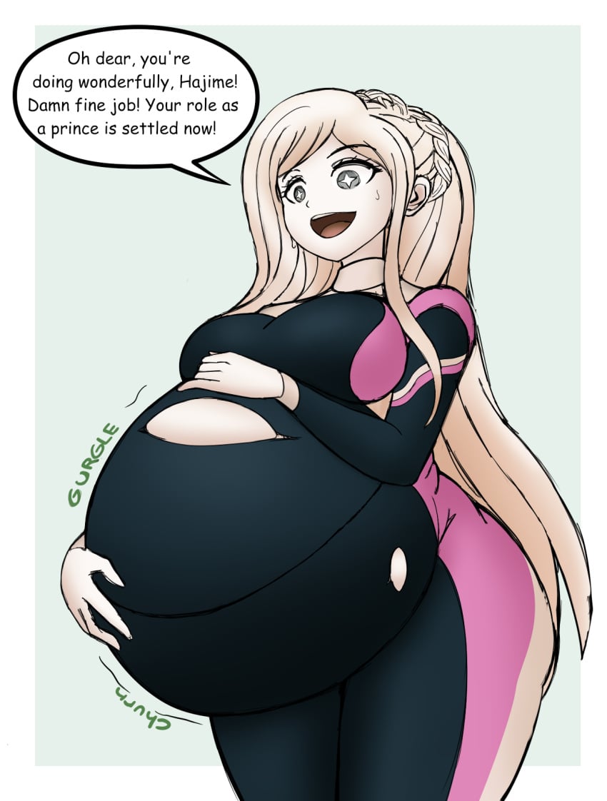 big_ass big_breasts blonde_hair danganronpa danganronpa_2:_goodbye_despair digestion_noises english_text female hands_on_belly hinata_hajime implied_vore killerperro latex_suit long_hair post_vore ripped_clothing simple_background sonia_nevermind star_shaped_pupils sweatdrop swimsuit thick_thighs vore weight_gain