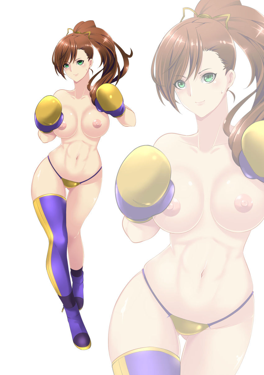 1girls abs bare_arms bare_shoulders bikini bikini_bottom boxing_gloves breasts brown_hair female female_only footwear garayann green_eyes half_naked highres large_breasts legwear long_hair nipples ponytail solo solo_focus sweat tied_hair toned topless topless_female white_background