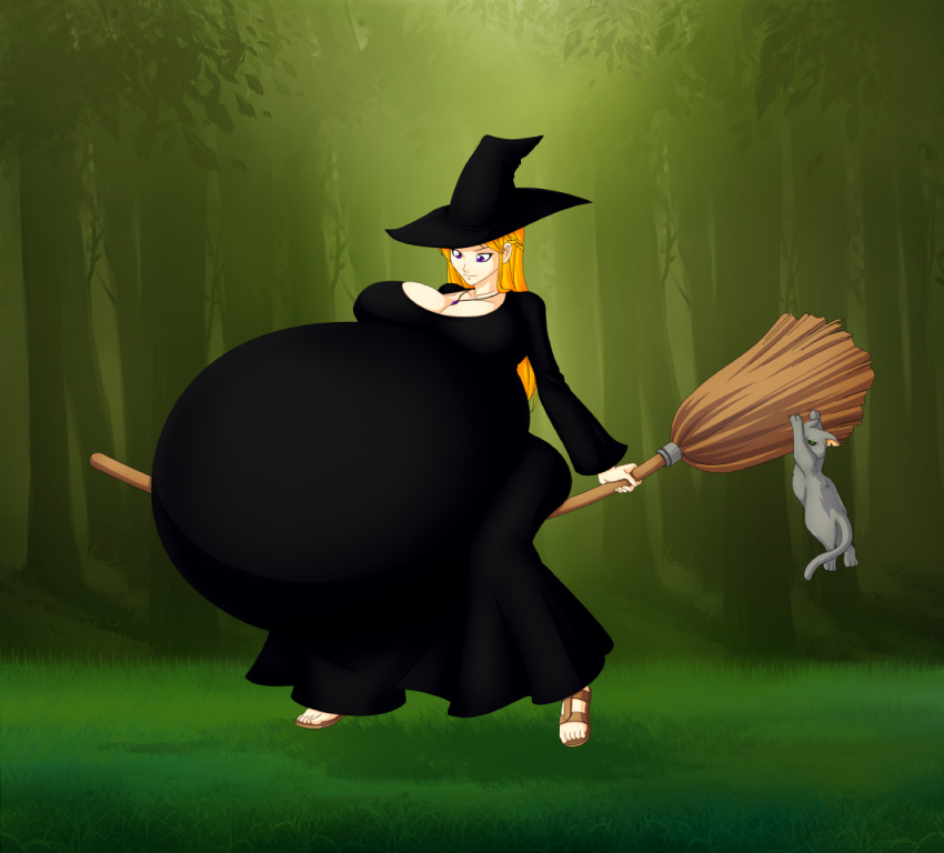 1girls big_breasts blonde_hair broom_riding broomstick cleavage_cutout feline female forest huge_belly long_hair looking_at_belly necklace original_character pregnant saburox thick_thighs witch witch_hat