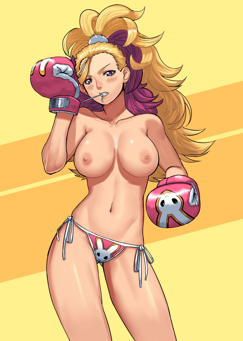 1girls adjusting_gloves bare_arms bare_legs bare_shoulders bikini bikini_bottom blonde_hair boxing_gloves bubuki_buranki bunny_print cessa clenched_teeth female female_only half_naked hazama_zetsubi highres large_breasts long_hair nipples pink_gloves pink_hair ponytail purple_eyes side-tie_bikini solo solo_focus third-party_edit tied_hair topless topless_female two-tone_hair