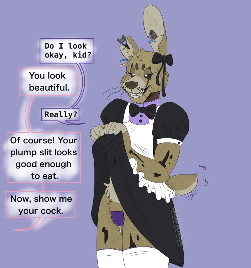 1boy 2021 ? animal_genitalia animatronic anthro apron bedroom_eyes black_sclera blue_background bodily_fluids bow_tie brown_body brown_ears brown_fur brown_nose brown_tail clothed clothing clothing_lift crossdressing cum cum_in_slit cum_inside cum_on_slit cum_string dialogue dialogue_box ear_bow english_text eyelashes five_nights_at_freddy's five_nights_at_freddy's_3 fur genital_fluids genital_slit genitals girly half-closed_eyes hi_res lagomorph legwear leporid long_ears long_whiskers machine maid_uniform male male_only mammal mostly_nude motion_lines multicolored_body multicolored_ears multicolored_fur multicolored_tail narrowed_eyes notched_ear orgasm presenting_slit purple_slit question rabbit robot seductive short_tail simple_background slit smile solo springtrap springtrap_(fnaf) standing stockings suckmycoccyx tailwag tan_body tan_ears tan_fur tan_tail teeth text thick_thighs torn_arm torn_leg uniform video_games whiskers white_eyes wire