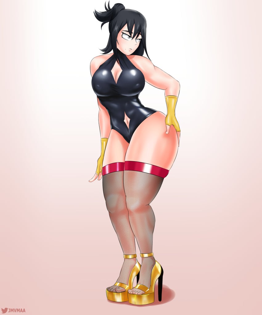 1girls big_breasts black_hair feet female female_focus female_only gloves gray_eyes heels high_heels jmvmaa latex latex_gloves leotard lips long_socks my_hero_academia nana_shimura pink_background platform_heels thick_thighs thighhighs thighs toes yellow_gloves