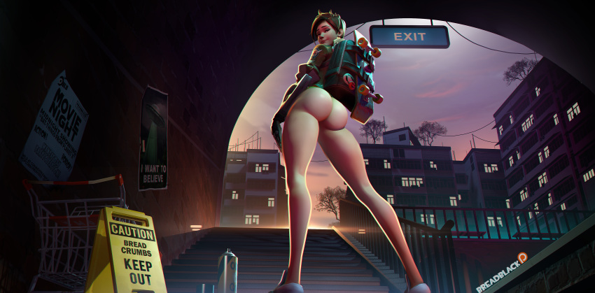 1girls 3d ass bag big_ass big_butt blizzard_entertainment bottomless breadblack bubble_ass bubble_butt casual city female female_focus female_only human looking_at_viewer looking_back looking_down naked_footwear naughty_face outdoors overwatch pale_skin public seductive seductive_look seductive_smile solo tracer tunnel