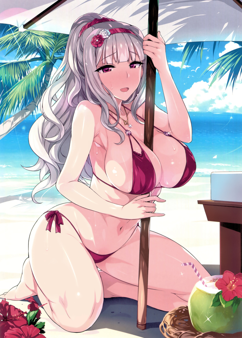 1girls bangs bare_legs barefoot beach beach_umbrella between_breasts big_breasts bikini blunt_bangs blush breasts cleavage curly_hair day eyebrows_visible_through_hair feet female female_focus female_only flower food fruit fruit_cup glint hairband hidebou high_resolution idolmaster idolmaster_(classic) jewelry kneeling large_breasts large_filesize legs long_hair melon navel navel_line necklace open_mouth outdoors pink_bikini pink_eyes ponytail revealing_clothes shijou_takane side-tie_bikini sideboob sidelocks silver_hair solo strap_gap string_bikini sweat swimsuit thighs tied_hair umbrella very_high_resolution wide_hips