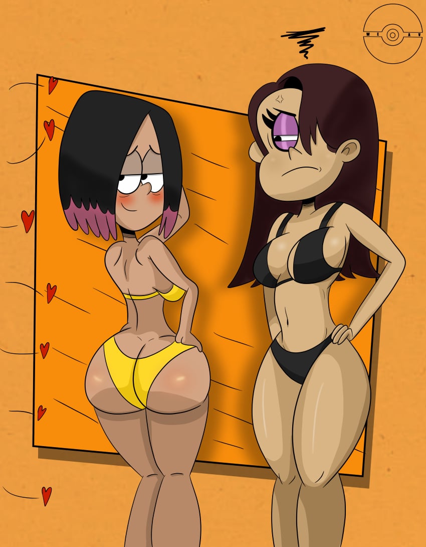 2girls aged_up angry ass ass_cleavage back belly big_ass big_breasts big_butt bikini black_eyes black_hair blush bra breasts brown_hair butt_crack eyelashes eyeshadow female female_only from_behind frown hair_highlights hair_over_one_eye half-closed_eyes hand_on_hip heart highlights highlights_qt huge_ass large_ass legs looking_back multiple_girls navel older panties purple_hair smile taylor_(the_loud_house) the_loud_house thick thick_thighs thighs two_tone_hair weavillain wide_hips