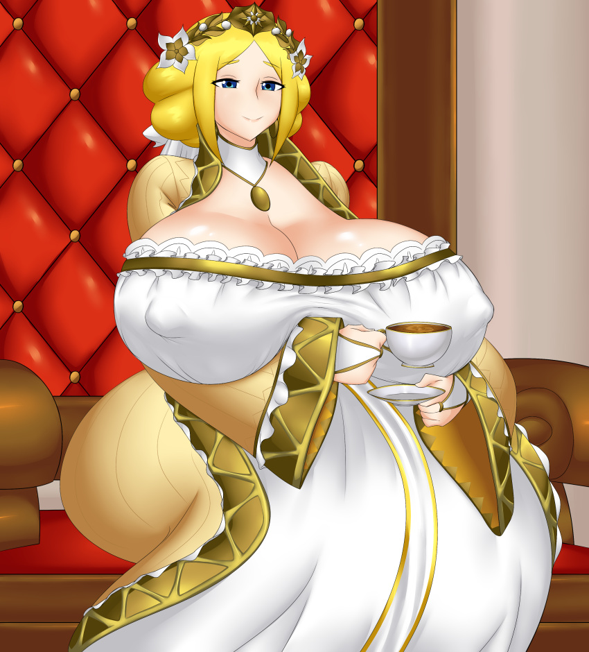 1girls blonde_hair blue_eyes breasts cleavage cup dress female female_focus fire_emblem fire_emblem_warriors huge_breasts hyper hyper_breasts kailyn kreativekailyn nintendo nipple_bulge short_hair smile solo solo_female throne yelena_(fire_emblem)