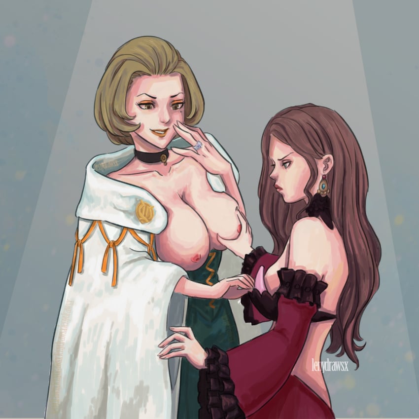 2girls angry bare_back breast_envy breasts breasts_out brown_eyes brown_hair dorothea_arnault earrings female_only fire_emblem fire_emblem:_three_houses green_eyes large_breasts lenydrawsx_(artist) lips long_hair makeup manuela_casagranda multiple_girls nintendo nipples orange_eyeshadow padded_bra post-timeskip ring short_hair smile smirk undressing wedding_ring