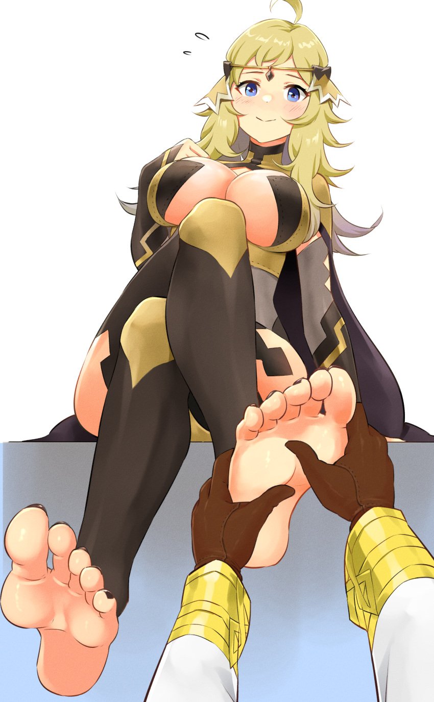 1boy 1girls absurdres ahoge bangs barefoot big_breasts black_nails blonde_hair blue_eyes breasts bridal_gauntlets circlet commission feet female fire_emblem fire_emblem_fates fire_emblem_heroes foot_massage highres igni_tion kiran_(fire_emblem) kiran_(fire_emblem)_(male) large_breasts looking_at_viewer male_hand nail_polish nintendo ophelia_(fire_emblem) sitting thighhighs toeless_legwear turtleneck