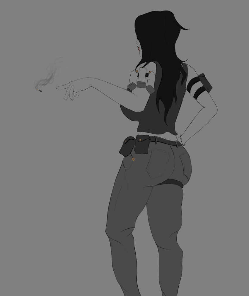 armed big_breasts black_hair blank_background bullet cigarette clothed clothed_female d34h grayscale jane_(d34h) large_breasts long_hair oc pale_skin pants pouch solo solo_female straps sunglasses tank_top