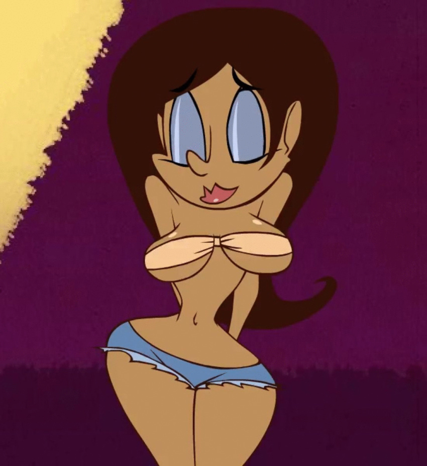 animated arms_behind_back brown_hair closed_eyes dark-skinned_female eyebrows_visible_through_hair jiggling_breasts lipstick navel short_shorts swaying tagme tubetop weebl's_stuff weebls_stuff wide_hips