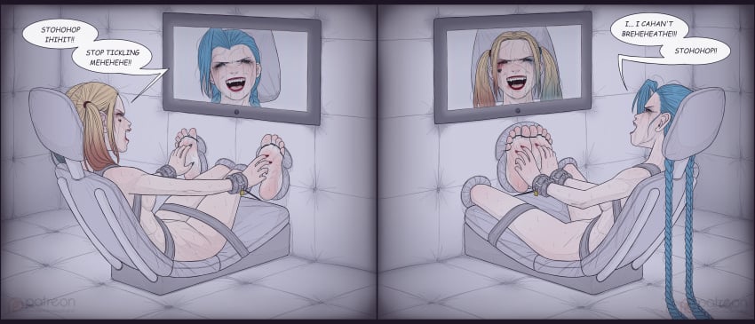 2girls batman_(series) closed_eyes dc_comics feet foot_fetish harley_quinn jinx_(league_of_legends) league_of_legends multiple_girls open_mouth soles speech_bubble tickling tickling_feet tied_to_chair tied_toes toes wtfeather