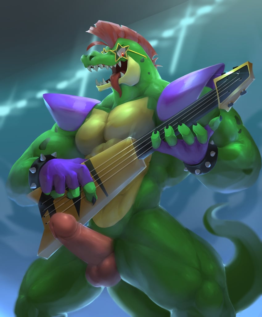 1boy 2021 abs alligator alligatorid animal_genitalia animal_penis anthro balls barazoku biceps blue_gloves body_paint border bracelet bulge claws clothed clothing crocodilian detailed_background electric_guitar erection eyewear fingerless_gloves five_nights_at_freddy's five_nights_at_freddy's:_security_breach fumes furry gay glasses gloves green_background green_balls green_body green_eyes green_nose green_skin guitar hair happy hi_res high_resolution highres hips instrument jewelry looking_at_viewer machine male male_focus male_only manly mohawk mohawk_(hairstyle) montgomery_gator_(fnaf) mostly_nude multicolored_body multicolored_skin muscle muscles muscular musical_instrument nails naked navel nipples nude open_mouth painted_claws painted_fingernails painted_nails partially_nude pecs penis pink_penis red_eyes red_hair reptile reptile_humanoid robot scalie sharp_claws sharp_fingernails sharp_teeth short_hair smile solo spike spiked_bracelet spikes spiky_hair standing star star_glasses sunglasses tagme tail testicles thighs tongue tongue_out topless triceps uncut vein veins veiny veiny_penis video_games white_border wolfanine yellow_body yellow_skin