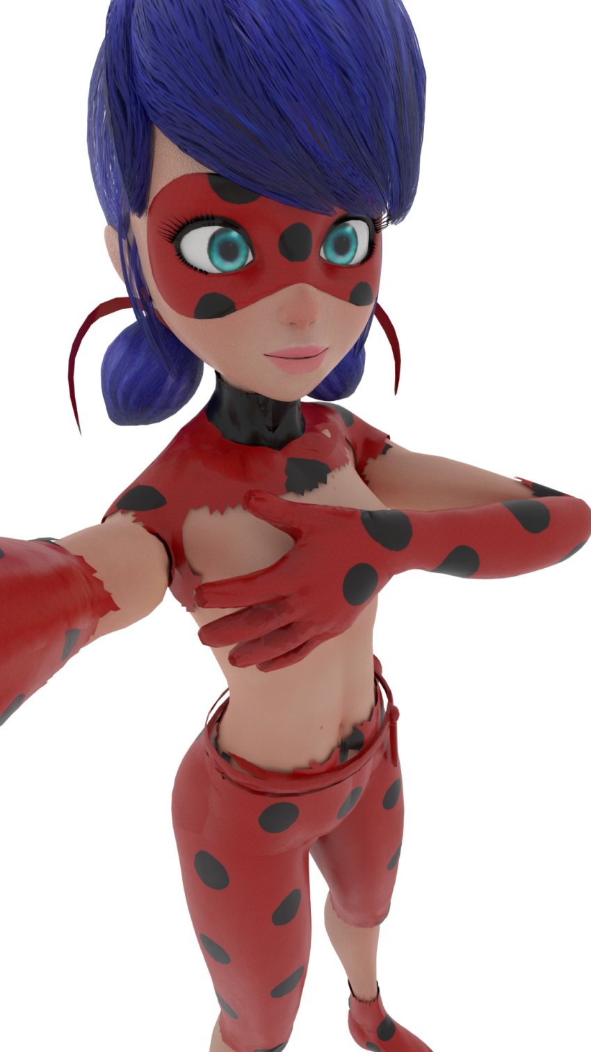 1girls 3d 3d_(artwork) bare_stomach blue_eyes blue_eyes_female blue_hair covering_breasts dark_blue_hair dutch_angle female female_only hand_on_breasts ladybug_(character) light_skin marinette_dupain-cheng marinetteagreste marinettepatre miraculous:_tales_of_ladybug_and_cat_noir miraculous_ladybug model mostly_clothed navel pigtails short_blue_hair short_hair short_hair_female short_pigtails small_breasts solo taking_selfie teenage_girl torn_bodysuit torn_clothes torn_clothing twintails white_background