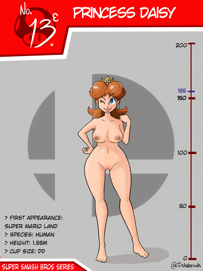 1girls ashentrickster big_ass big_breasts big_butt blue_eyes breasts brown_hair card character_name english_text feet female female_only full_body height_chart logo mario_(series) nintendo nipples one_eye_closed princess_daisy pussy red_hair simple_background smile solo standing stats super_smash_bros. text