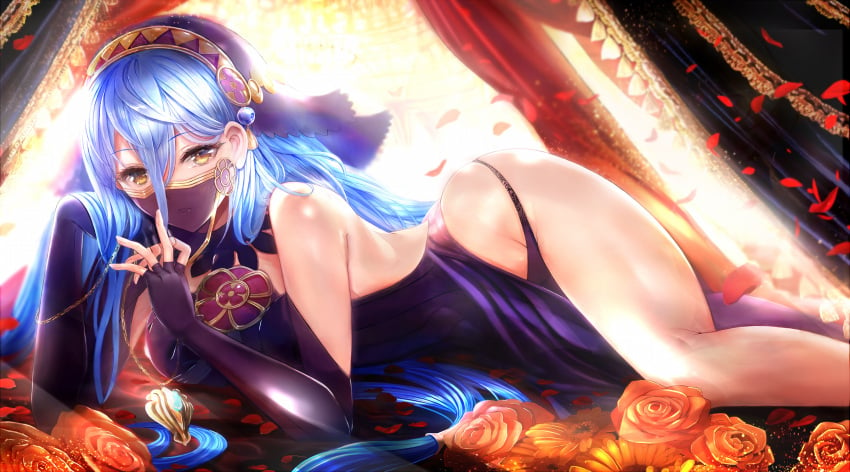 1girls arm_support azura_(fire_emblem) azura_(performing_arts)_(fire_emblem) backless_dress backless_outfit backlighting bare_thighs blue_hair breasts commentary_request dancer dancer_outfit dress elbow_gloves eyebrows_visible_through_hair eyelashes feet_out_of_frame female fingerless_gloves fire_emblem fire_emblem_fates fire_emblem_heroes flower gloves hair_between_eyes harem_outfit head_rest highres large_breasts light_rays long_hair looking_at_viewer lying mouth_veil mysterious_dancer nintendo on_side petals purple_dress purple_gloves see-through shadow shiny shiny_hair shiny_skin side_slit sidelocks solo solo_female strapless thighs tongari veil yellow_eyes