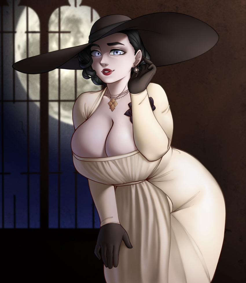 1girls alcina_dimitrescu big_hat black_hair breasts capcom cleavage dress female female_only hat imaginaricide large_breasts leaning_forward mature mature_female mature_woman mother pale_skin resident_evil resident_evil_8:_village solo solo_female weaponized_thickness white_dress