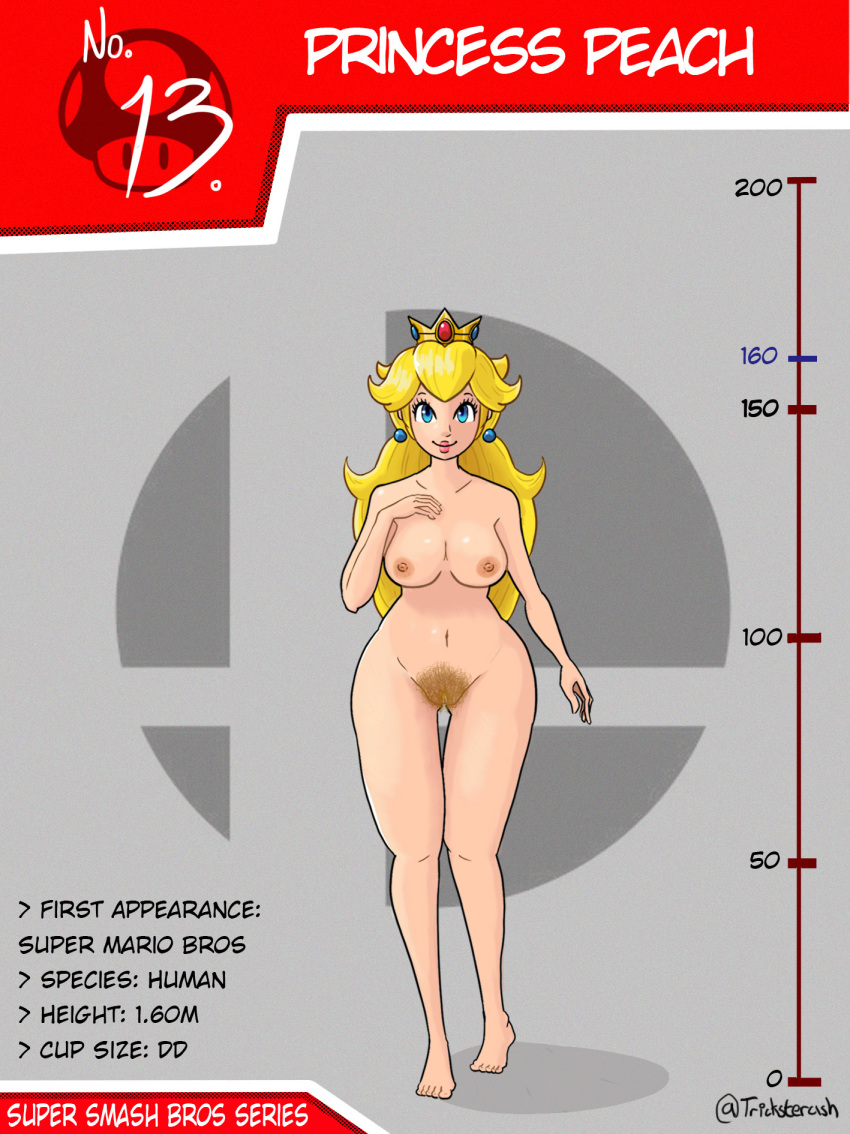 1girls ashentrickster big_ass big_breasts big_butt blonde_hair blonde_pubic_hair blue_eyes breasts card character_name english_text feet female female_only full_body height_chart logo long_hair looking_at_viewer mario_(series) nintendo nipples princess_peach pubic_hair pussy simple_background smile solo standing stats super_smash_bros. text