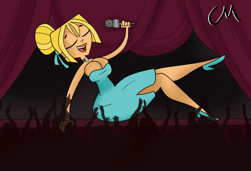 1girls audience big big_ass big_breasts blonde blue_dress bridgette_(tdi) choccymalk choker clothed_female dress female fully_clothed giant giantess singing stage total_drama_island