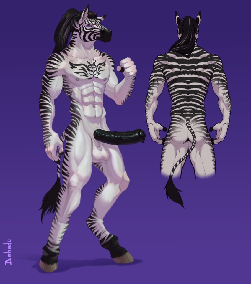 absurd_res angel_(zi_054) animal_genitalia animal_penis anthro athletic dohade equid equine equine_penis fur genitals hi_res looking_at_viewer male mammal muscular muscular_male nipples penis purple_eyes rear_view smile solo tattoo zebra zi_054