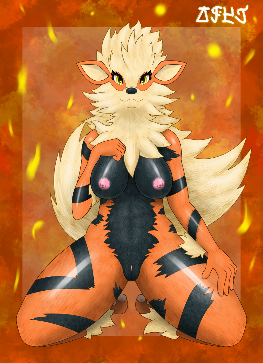 2021 5_fingers absurd_res anthro anthrofied arcanine areola big_breasts big_tail biped black_body black_fur breasts canid canine canis clitoris curvy_female curvy_figure digital_drawing_(artwork) digital_media_(artwork) feet female fingers fluffy fluffy_tail fur genitals hi_res jose-497 kneeling looking_at_viewer mammal neck_tuft nintendo nipples nude orange_body orange_fur pink_nipples pokemon pokemon_(species) pussy signature smile solo thick_thighs tuft video_games voluptuous wide_hips yellow_body yellow_eyes yellow_fur