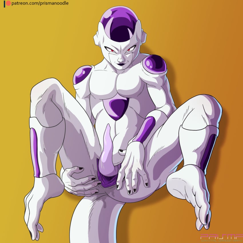 1:1 2021 alien alien_humanoid ass bodily_fluids digital_media_(artwork) dragon_ball dragon_ball_z erection feet frieza frieza_race genitals hi_res humanoid looking_at_viewer male male_only not_furry nude penis presenting prismanoodle_(artist) red_eyes simple_background smile solo text url