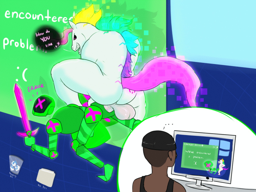 ambiguous_gender animated anthro antivirus backsack balls big_balls computer computer_screen cyberspace dialogue duo equid equine genitals glowing himerosthegod horse human humor male male/ambiguous mammal virus