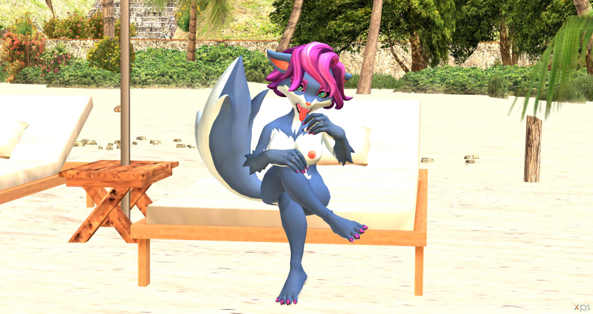 absurd_res anthro beach canid canine crossed_legs female fox hi_res jonas-pride mammal maxim_theos model nude paladins pepper_(paladins) seaside sitting solo solo_focus tongue tongue_out