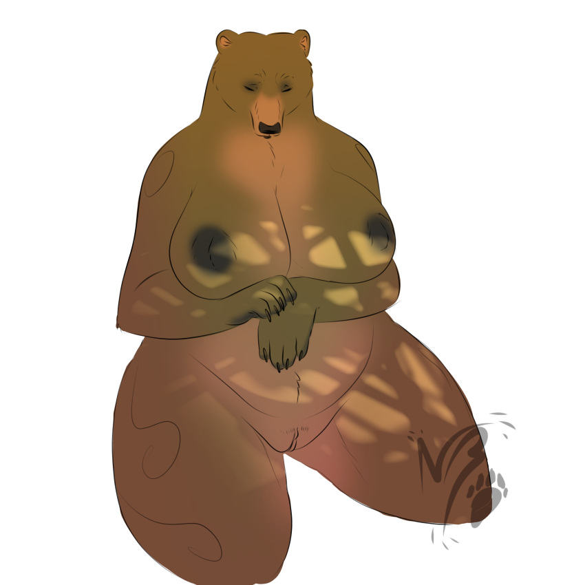 2020 absurd_res anthro big_breasts black_lips black_nose breasts brown_bear brown_body brown_fur brown_nipples brown_pussy claws closed_eyes curvy_figure female fur furry furry_only genitals grizzly_bear hands_under_breasts head_down hi_res lips mammal nipples nnightbear_b paws pussy simple_background slightly_chubby solo thick_thighs ursid ursine voluptuous watermark white_background wide_hips