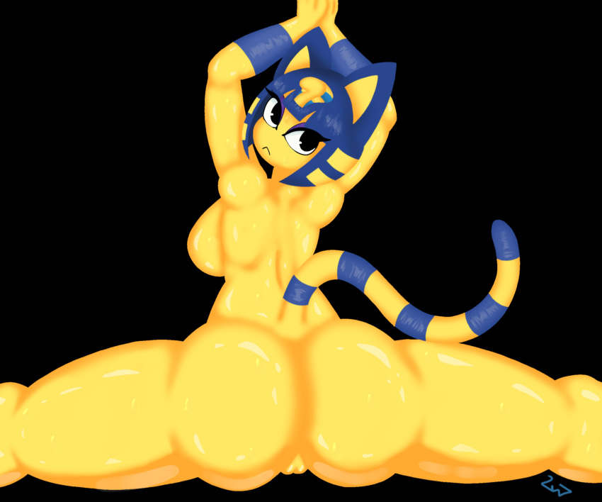 2vv7 :< animal_crossing ankha ankha_(animal_crossing) anthro arms_above_head ass backboob breasts felid feline felis female flexible fur furry furry_only glistening glistening_body glistening_skin hi_res humanoid looking_back nintendo nude pussy solo splits spread_legs spreading tail thick_thighs video_games