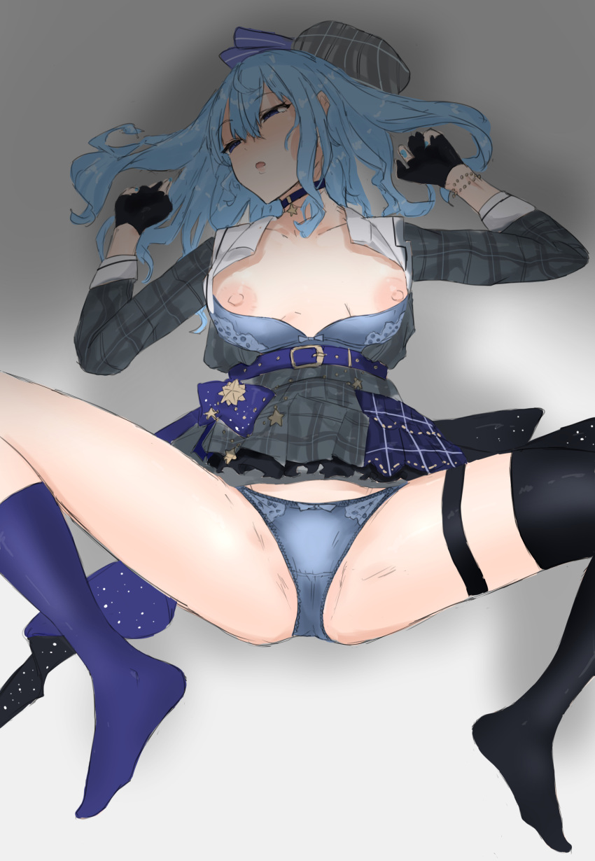 1girls absurdres arms_up bangs belt blue_bra blue_hair blue_panties bra bracelet breasts breasts_out calf_socks choker collarbone ear elllikn97 eyebrows_visible_through_hair female female_only fingerless_gloves fingernails gloves hair_between_eyes hat highres hololive hololive_gen_0 hololive_japan hoshimachi_suisei jewelry light-skinned_female light_skin looking_to_the_side lying mismatched_legwear on_back open_clothes open_mouth panties shadow simple_background skirt small_breasts solo spread_legs thigh_strap thighhighs underwear virtual_youtuber wet wet_hair white_background