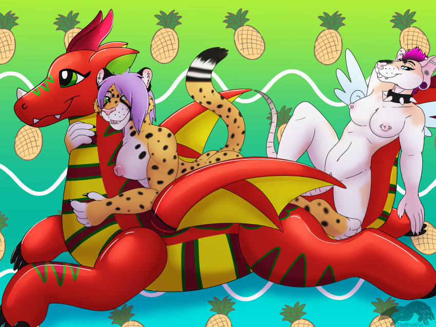 anthro breasts cheetah dragon duo felid feline female fetishbruary hi_res inflatable jazzmyne leaning leaning_forward lying mammal murid murine on_back pinup pool_toy pose rat rodent thatblackfox_(artist) viper_rat