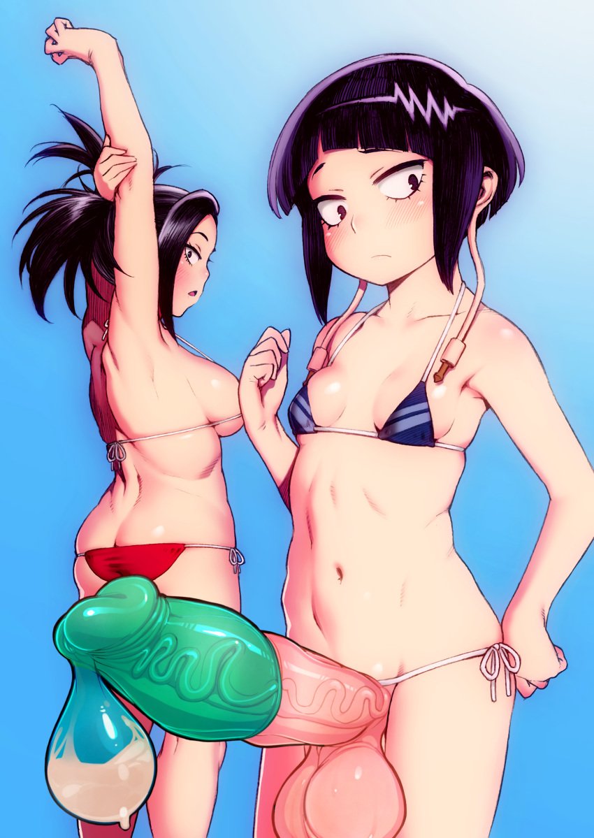 1futa 2girls abs armpit armpits arms_above_head arms_up ass ass_cleavage bangs bare_back bikini black_hair blue_background blue_bikini blunt_bangs blush breasts butt_crack condom condom_filling cowboy_shot earplugs edit female female_only futa_focus futanari gvedit half-closed_eyes highres hijiri_rei huge_balls huge_cock kyoka_jiro large_breasts large_penis long_hair looking_at_viewer lowleg lowleg_bikini micro_bikini momo_yaoyorozu multiple_girls my_hero_academia navel open_mouth purple_hair red_bikini saliva shocked short_hair side-tie_bikini sideboob simple_background small_breasts standing stomach stretch string_bikini sweat swimsuit thick third-party_edit tied_hair toned