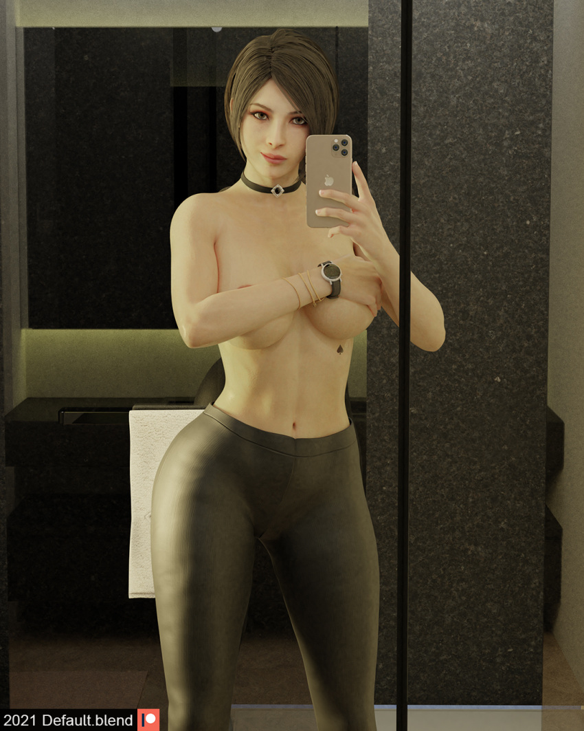 1girls 3d ada_wong asian asian_female branding_mark defaultblend female large_breasts leggings no_eyewear queen_of_spades resident_evil resident_evil_2 resident_evil_2_remake selfie solo spade tattoo topless topless_female