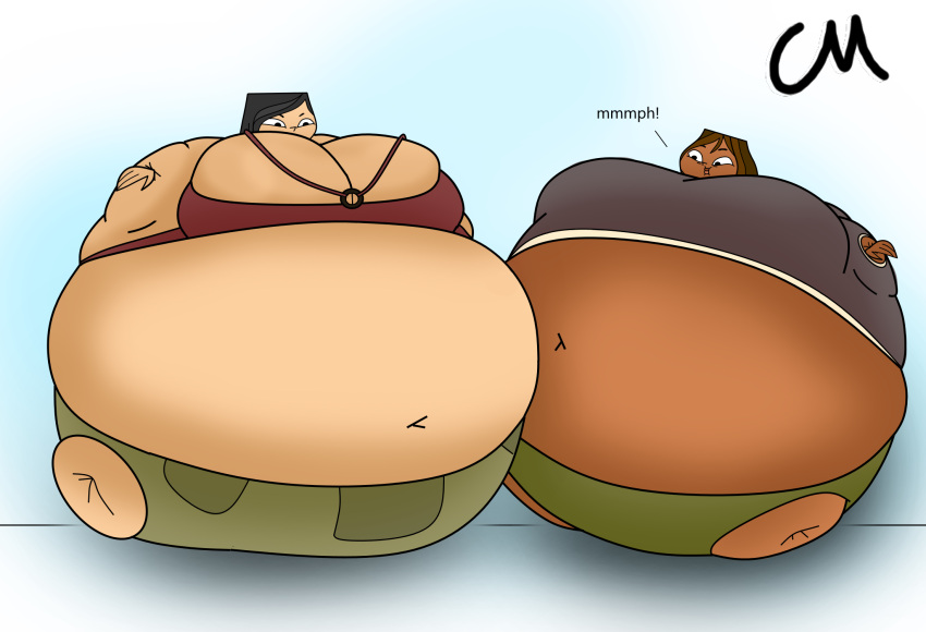 2girls air_inflation balloon big big_belly big_breasts body_inflation choccymalk courtney_(tdi) fat female_only heather_(tdi) hose_inflation inflated_belly inflation multiple_girls spherical_inflation sunken_head sunken_limbs total_drama_island