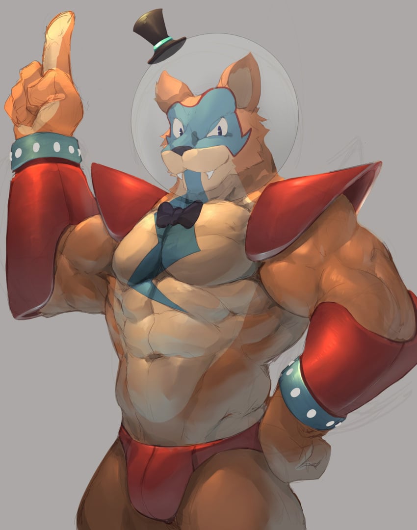 1boy 2021 5_fingers abs absurd_res absurdres anthro armor bara barazoku bear bear_ears biceps big_muscles biped bipedal black_bow black_bowtie black_nose blue_body blue_eyes blue_fur bodypaint bottomwear bow_tie bracelet brown_arms brown_body brown_ears brown_face brown_fur buff bulge bulge_through_clothing clothed clothing cute cute_fangs face_paint fang fangs finger_up fist five_nights_at_freddy's five_nights_at_freddy's:_security_breach fur furry furry_only gay gesture glamrock_freddy_(fnaf) grey_background grey_bracelet hand_on_hip hat headgear headwear helmet hi_res high_resolution highres jewelry jockstrap male male_only mammal mask multicolored_ears muscular no_nipples orange_body orange_ears orange_fur partially_clothed partially_nude pecs pointing pointing_up pose presenting_bulge sharp_teeth shoulder_guards simple_background smile solo space_helmet speedo stripes tagme tan_body tan_ears tan_fur teeth thick_thighs thong top_hat topless topless_male triceps underwear ursid video_games wolfanine