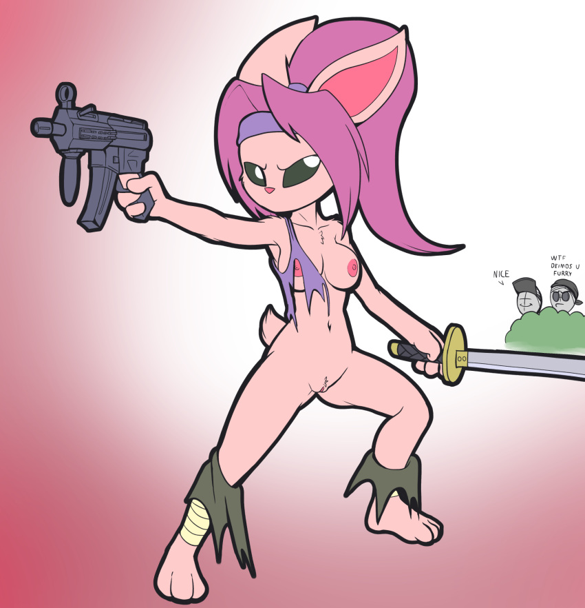 1girls anthro areolae big_breasts breasts bunnykill clothing clothing_damage crossover deimos female female_focus fours_(artist) fur genitals gun hair hi_res katana lagomorph lagomorph_humanoid leporid long_hair madness_combat mammal melee_weapon mouthless navel newgrounds nipples nude_female nudity pink_body pink_fur ponytail purple_hair pussy rabbit ranged_weapon ruby_(bunnykill) sanford solo submachine_gun sword torn_clothing vulva weapon