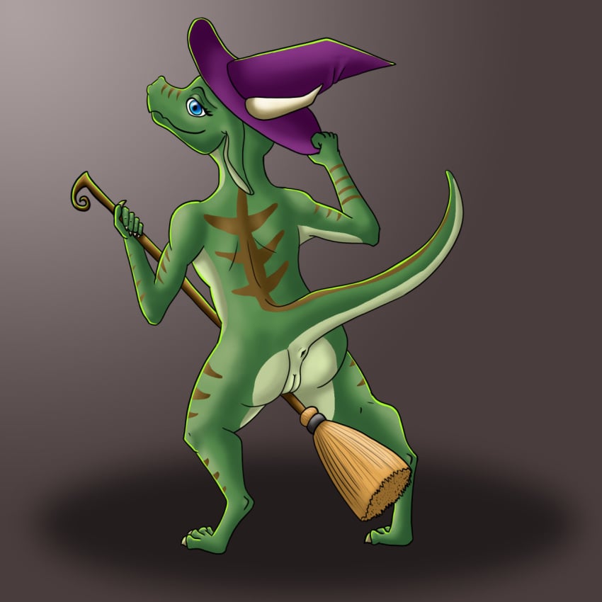 anthro anus ass broom_riding brown_markings clothing female genitals green_body green_scales hat headgear headwear hi_res kobold looking_at_viewer looking_back markings presenting presenting_anus presenting_hindquarters presenting_pussy pussy raised_tail reptile scales scalie solo witch_hat zirilon