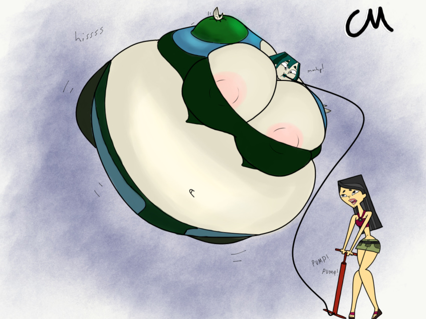 2girls air_inflation balloon big big_belly big_breasts body_inflation choccymalk fat female_only gwen_(tdi) heather_(tdi) hose_inflation inflated_belly inflation multiple_girls spherical_inflation sunken_head sunken_limbs total_drama_island