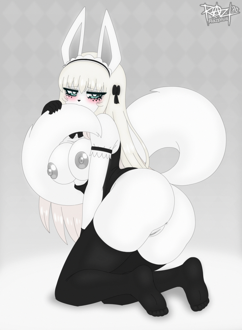 anthro anus blue_eyes blush canid canine canis clothing feet female fur genitals hair hi_res jackal legwear lhara_aaruna long_hair maid_uniform mammal nipples pussy razplus solo stockings uniform white_body white_fur