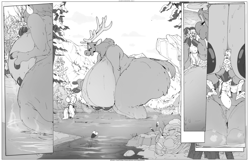 1boy 1girls 2021 anthro antlers arctic_fox ass big_breasts big_butt breasts butt canid canine capreoline cervid duo female fox giantess hi_res horn hourglass_figure huge_breasts huge_butt hyper hyper_breasts hyper_hourglass lake larger_female macro male mammal monochrome mountain nude overweight overweight_anthro overweight_female plant rabid reindeer size_difference sky slightly_chubby smaller_male snow thick_thighs tree water