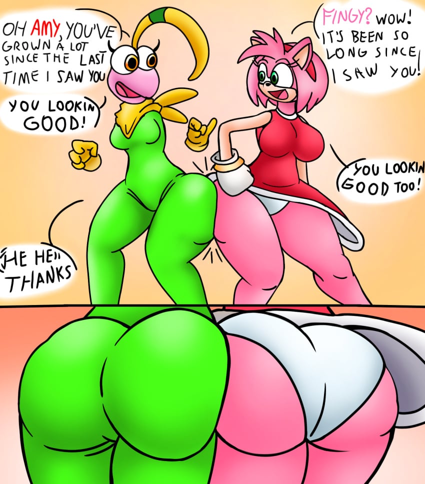 2girls amy_rose ass_cheeks ass_focus ass_to_ass big_ass crossover dialogue dynamite_headdy fingy green_clothes green_eyes heather_(dynamite_headdy) hedgehog huge_ass luiron massive_ass pink_skin puppet red_dress sega sonic_(series) sonic_the_hedgehog_(series) wholesome yellow_eyes