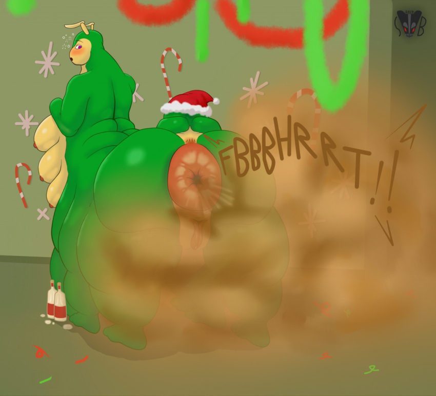 6_legs antennae_(anatomy) anthro anus arthropod ass big_butt breasts caterpillar christmas donut_anus drunk drunk_bubbles fart female holidays huge_butt hyper hyper_anus hyper_butt hyper_fart insects larva multi_breast multi_leg multi_limb multi_taur shyra skunk_bunk solo substance_intoxication surprise taur worm