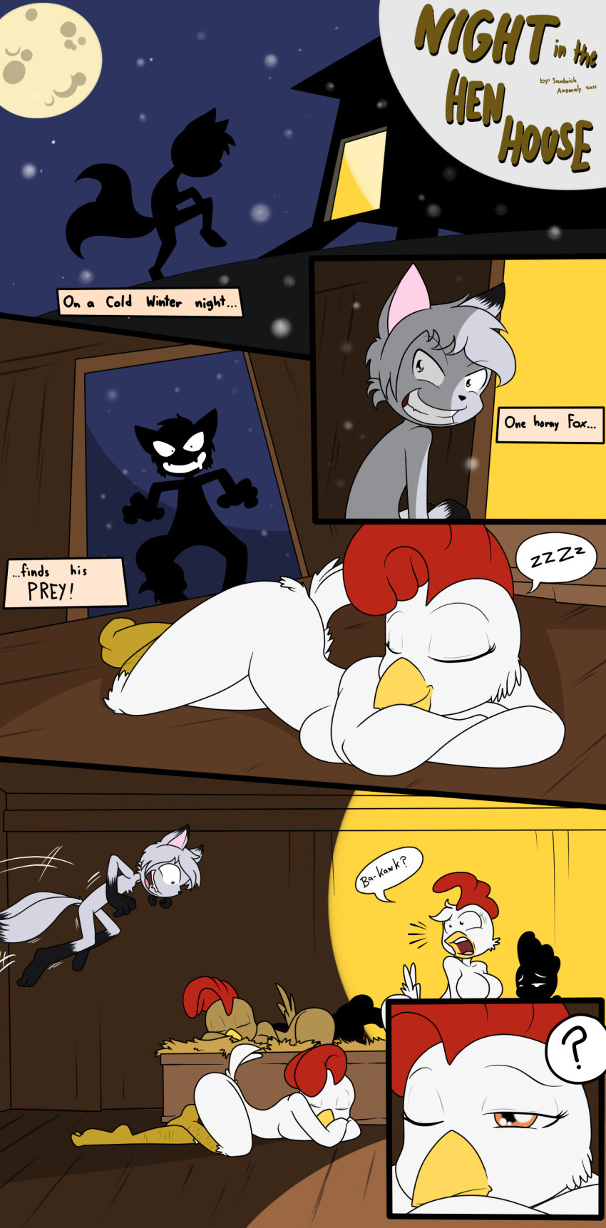 absurd_res anthro avian bird canid canine chicken comic female fox galliform gallus_(genus) girly grin group hay hi_res logan_the_fox male male/female mammal night nude phasianid sandwich-anomaly sleeping smile smirk text