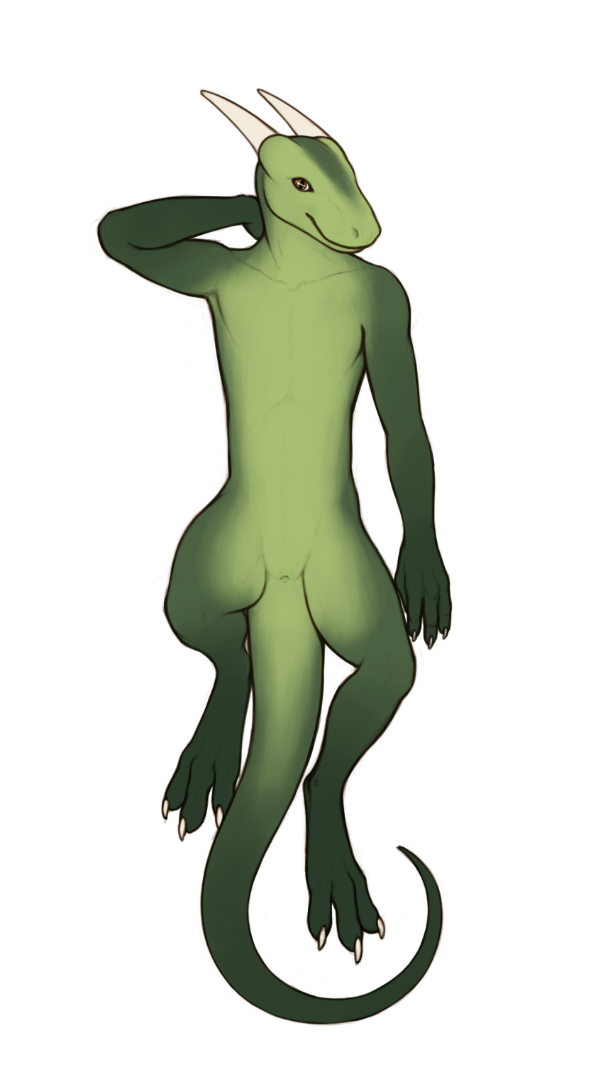 3_toes 4_fingers 4k 9:16 absurd_res animal_genitalia anthro claws cloaca countershading dragon featureless_chest feet fingers genitals goofle green_body green_countershading green_scales hand_behind_head hi_res horn looking_at_viewer lying male no_navel on_back presenting presenting_cloaca scales scalie simple_background snout solo toes white_background yellow_eyes