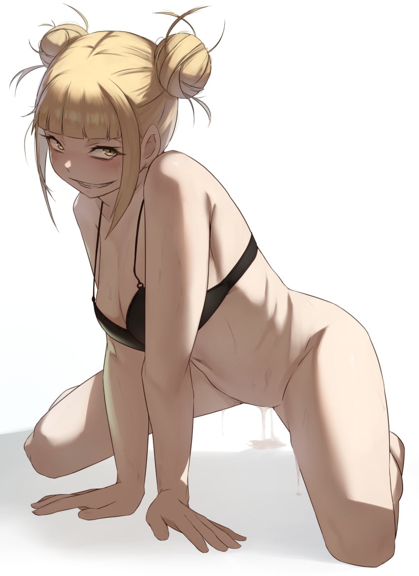 after_sex after_vaginal backlighting bangs barefoot black_bra blonde_hair blunt_bangs blush bottomless bra breasts cleavage cum cum_in_pussy cumdrip double_bun female full_body grin highres himiko_toga kasseusmaximus kneeling medium_breasts messy_hair my_hero_academia naughty_face short_hair smile solo spaghetti_strap strap_gap strap_slip sweat underwear yellow_eyes