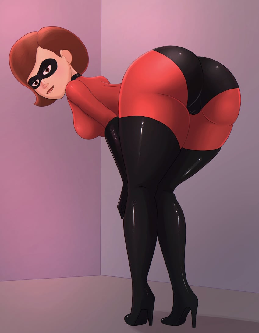 1girls ass atnog back back_view backboob bent_forward bent_over big_ass breasts brown_eyes brown_hair clothing domino_mask eyewear female female_only footwear hair heels helen_parr high_heels huge_ass latex lips looking_back mature mature_female mature_woman medium_breasts milf mother parted_lips short_hair solo solo_female superhero_costume superheroine the_incredibles thick_thighs thighs