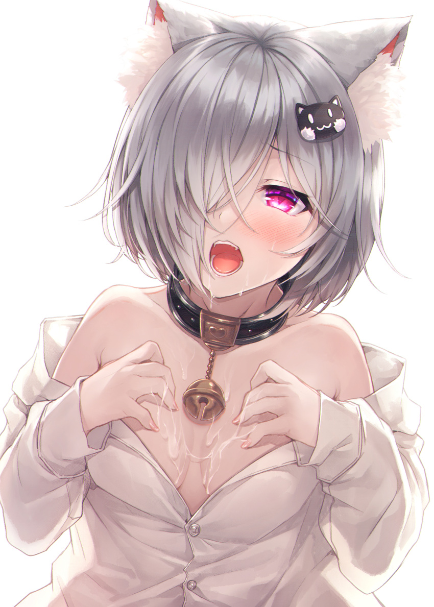 animal_ears cum dress_shirt hasumi_(hasubatake39) nekomimi no_bra open_shirt