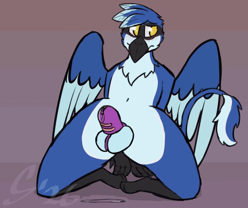 animated anthro avian blush bodily_fluids chastity_cage chastity_device dripping embarrassed genital_fluids gryphon hi_res kneeling male male_only mythological_avian mythological_creature mythology precum precum_drip solo sombird spicy_(spicygryphon) throbbing